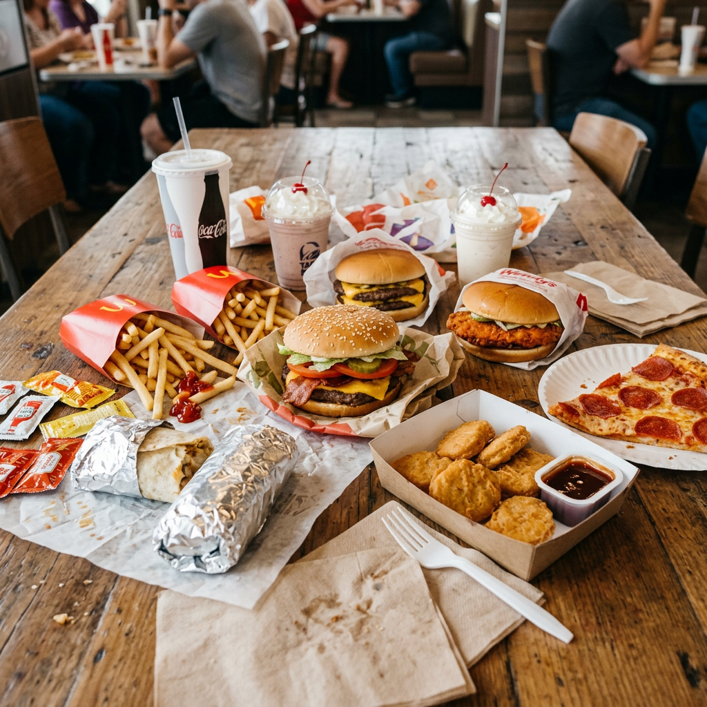 Fast food items including burgers, fries, chicken nuggets with sauce, milkshakes, a slice of pepperoni pizza, and a wrapped burrito on a wooden table.