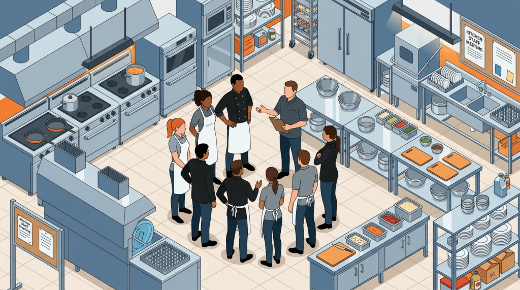 Group of kitchen staff standing in a circle having a meeting in a commercial kitchen